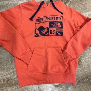 Mens North Face sweatshirt, orange and navy size small